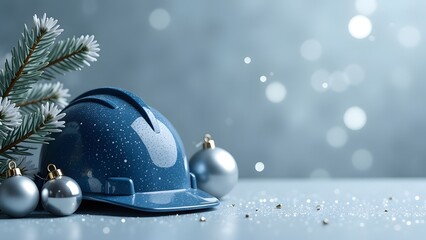 Horizontal background for a banner with a construction helmet and New Year decorations.
