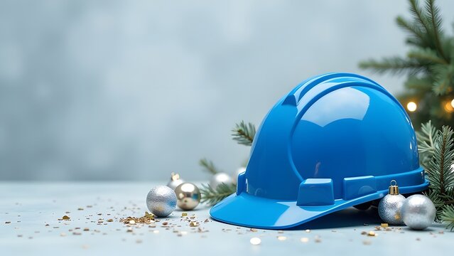 Horizontal background for a banner with a construction helmet and New Year decorations.