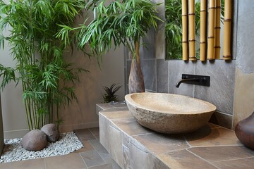 Obraz premium Organic Bathroom Design with Stone Sink, Bamboo Accents, Indoor Plants, Natural Stone Tiles, Spa-Like Ambiance