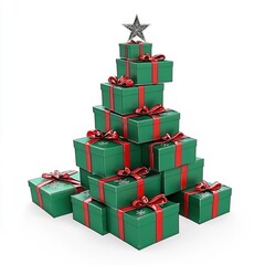 Christmas Gift Tree Stack of Green Presents with Red Ribbons