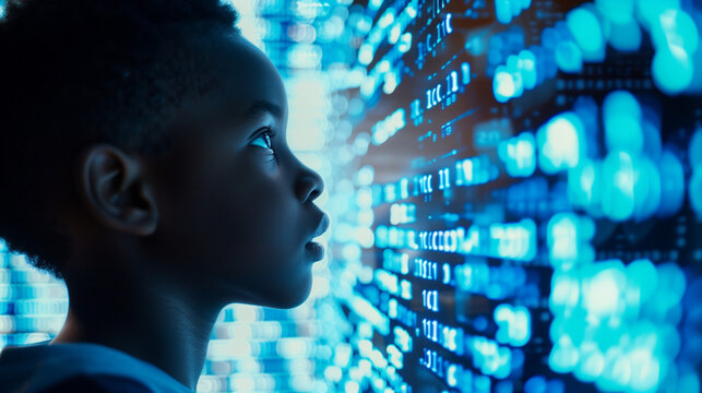 Side profile of a black school pupil learning cybersecurity and studying hacking computer software in AI lesson