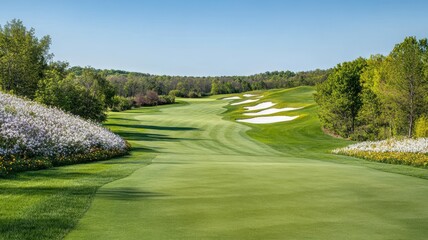 Obraz premium Lush golf course under clear blue sky.