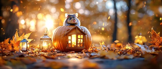 A whimsical scene featuring a cute hamster perched on a mini pumpkin, surrounded by autumn leaves and warm light, creating a delightful autumn atmosphere.