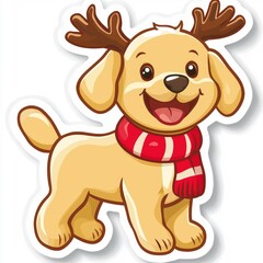 Adorable Cartoon Dog with Reindeer Antlers Wearing a Scarf - Christmas Pet Illustration