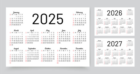 2025, 2026, 2027 calendars. Calender templates. Planner layout with 12 months. Week starts Sunday. Desk planer grid for year. Yearly diary in English. Vector illustration. Paper size A4