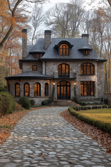 grande maison en pierre, demeure, avec jardin, plan ext&eacute;rieur maison 3D r&eacute;aliste, HDR, photographie immobili&egrave;re, d&eacute;coration, tendance, architecte, design, mode, fonctionnel, luxe, &eacute;l&eacute;gant, raffin&eacute;