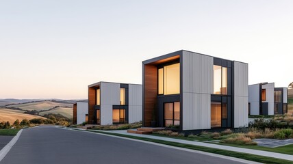 Obraz premium Modern homes with sleek design at sunset.