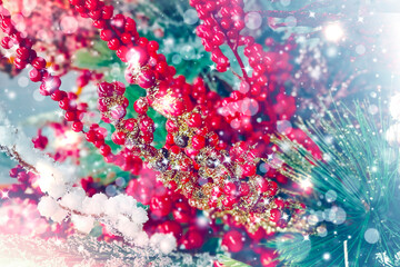 Beautiful and decorated Christmas tree. New Year mood. Great photo for greeting cards.