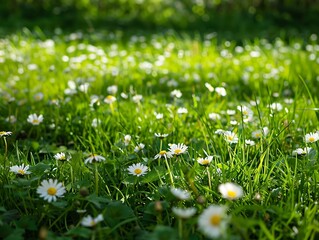 Spring meadow with daisies and sun rays. Beautiful nature background