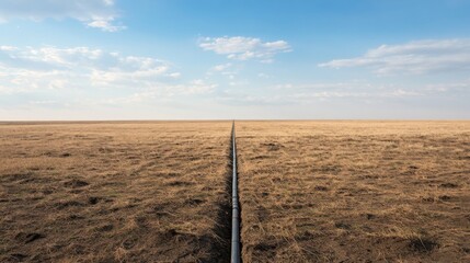 A single black pipe runs through a vast open field towards the horizon under a bright blue sky.