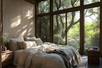 Fototapeta premium Natural-Style Bedroom with Linen Bedding, Wooden Side Tables, Large Window with View of Nature, Earthy Tones