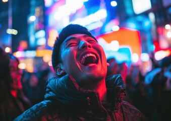 The man smile and dynamic expressions showcase the energy of an outdoor event with LED lit buildings behind him.