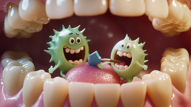 Cartoon bacteria damaging teeth inside human mouth