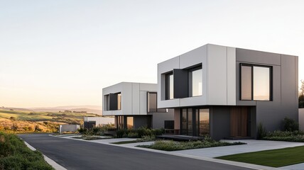 Modern houses with sleek designs and nature.