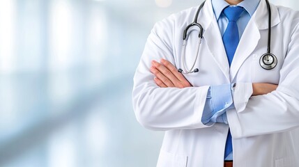 Dedicated female doctor in a medical coat and face mask stands confidently in a busy hospital corridor during a health crisis