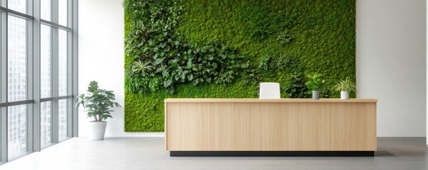 Modern office reception with green wall design.