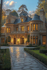 Fototapeta premium grande maison en pierre, demeure, avec jardin, plan extérieur maison 3D réaliste, HDR, photographie immobilière, décoration, tendance, architecte, design, mode, fonctionnel, luxe, élégant, raffiné