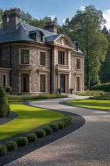 grande maison en pierre, demeure, avec jardin, plan extérieur maison 3D réaliste, HDR, photographie immobilière, décoration, tendance, architecte, design, mode, fonctionnel, luxe, élégant, raffiné