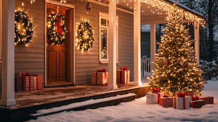 Festive outdoor christmas celebration cozy home entrance holiday decor winter wonderland evening glow family gatherings