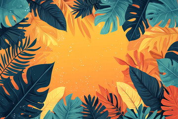 Vibrant Tropical Leaves Frame Orange Background