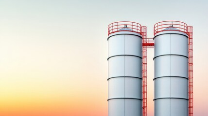 Industrial silos against a vibrant sunset sky.