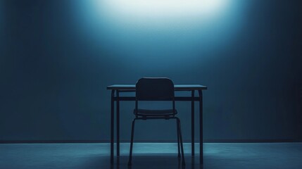 A single desk and chair stand in a dimly lit room, with the light source above illuminating the scene in a spotlight.