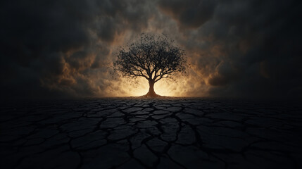A lone tree stands on cracked earth beneath a dramatic sky at dusk, illuminated by glowing light in a stark landscape