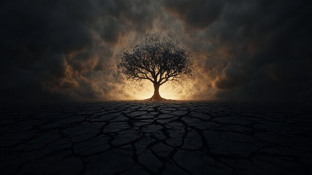 A lone tree stands on cracked earth beneath a dramatic sky at dusk, illuminated by glowing light in a stark landscape