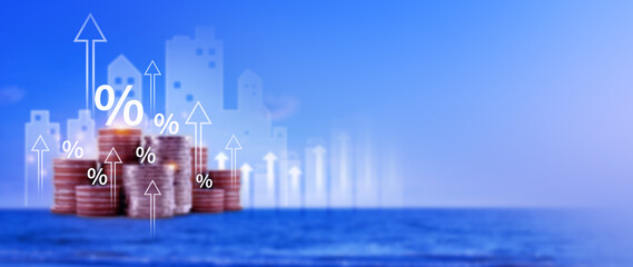 Fototapeta premium Fund investment and finance concept, stock market, profits and business growth, Dividends and interest rates and arrow on stack of coins represent returns on stocks and mutual funds.