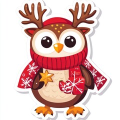 Fototapeta premium Adorable Christmas Owl with Reindeer Antlers and Red Scarf - Festive Holiday Sticker Design