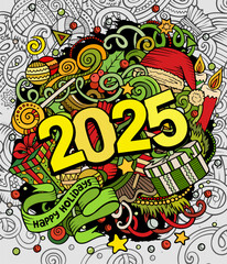 2025 doodles illustration. New Year objects and elements design. Creative cartoon holidays funny background
