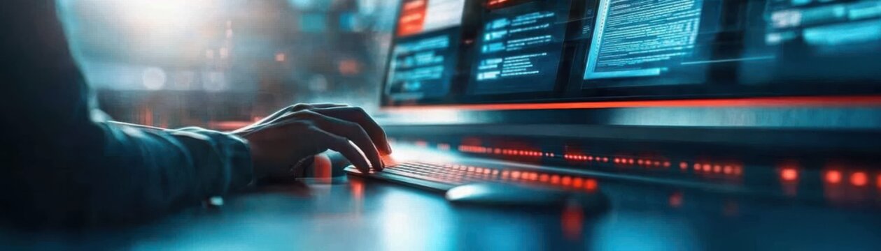 Person typing on computer with glowing screens.
