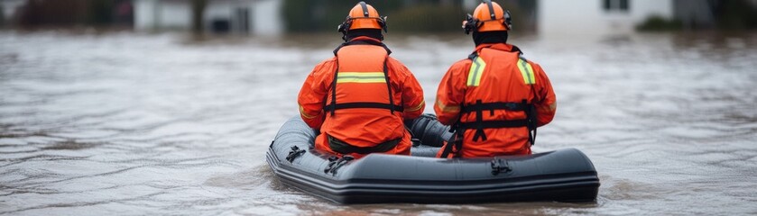 Fototapeta premium Rescuers rowing through floodwaters for safety.