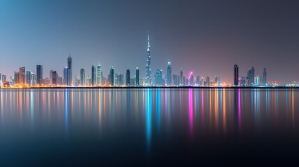 Dubai skyline illuminated at night burj khalifa cityscape photography urban environment panoramic view sparkling reflection