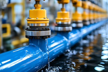 Leaking water from blue industrial pipes with yellow valves