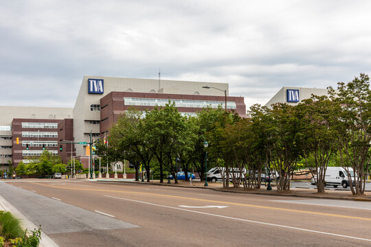 CHATTANOOGA, TN, USA-8 MAY 2021: View of the extensive TVA building complex.  Buldings, TVA logo signs and spring leafing green trees.
