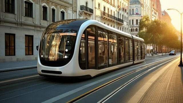 Modern Tramway in Urban Setting: A sleek, modern tram glides along a city street, showcasing its sleek design and efficiency. The warm glow of the setting sun casts a golden hue on the scene.
