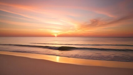 Naklejka premium A tranquil scene of a sunset casting warm hues over calm ocean waters, reflecting on the soft sand, creating a peaceful and serene atmosphere.