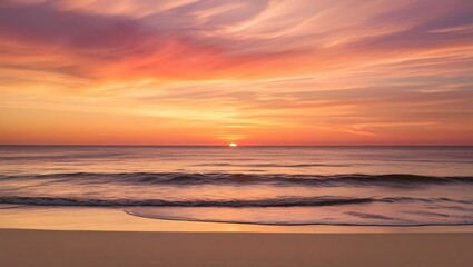 Obraz premium A breathtaking sunset paints the sky with vibrant colors, creating a tranquil atmosphere over calm ocean waves. Ideal for relaxation and nature lovers.