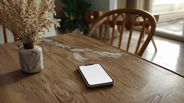 A light-colored smartphone with a blank screen lies on a rustic wood table