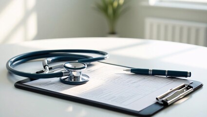 A stethoscope rests on a clipboard with medical documents and a pen, creating a professional healthcare setting. Ideal for medical and wellness themes.