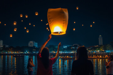 Flying traditional paper sky lanterns at night