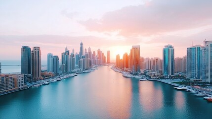 Fototapeta premium Sunset over dubai marina a scenic view of anchored boats and urban cityscape in a vibrant environment