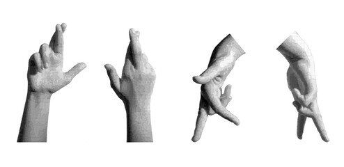 Hand gesture with two fingers walking, symbolizing movement and liveliness, isolated in retro halftone dot style. Vintage 1990s inspired design with grunge texture, ideal for