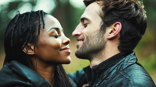 Two young adults, a man and a woman, stand close together, their faces inches apart, eyes closed, seemingly lost in a romantic moment