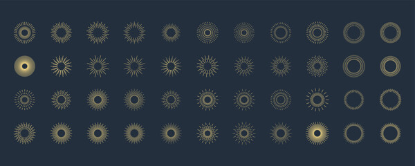 Fireworks. Vintage sunburst collection. Bursting golden sun rays. Vintage sunburst set. Bursting rays sunrise firework starburst blast, Radiant Spark. Logotype or lettering design element. Vector