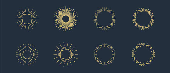 Fireworks. Vintage sunburst collection. Bursting golden sun rays. Vintage sunburst set. Bursting rays sunrise firework starburst blast, Radiant Spark. Logotype or lettering design element. Vector