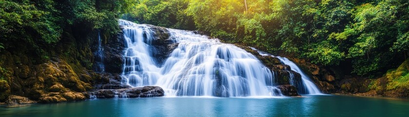 Fototapeta premium Serene waterfall in a lush green forest.