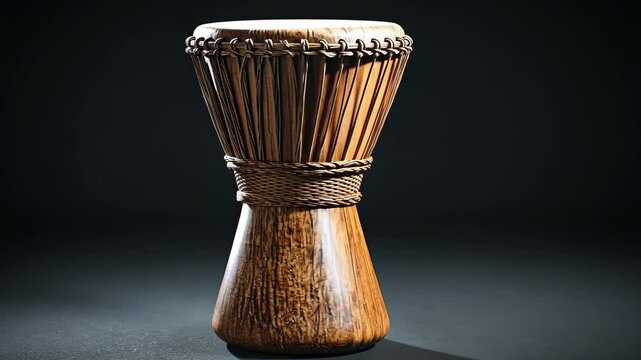 A single, hourglass-shaped wooden drum rests against a dark background