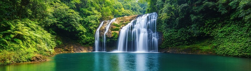 Fototapeta premium Serene waterfall surrounded by lush greenery.